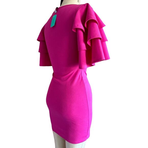 Womens Dress Size Small Pink BodyCon Ruffles Retro 80s Vibes Fun Bold Party - Picture 3 of 8
